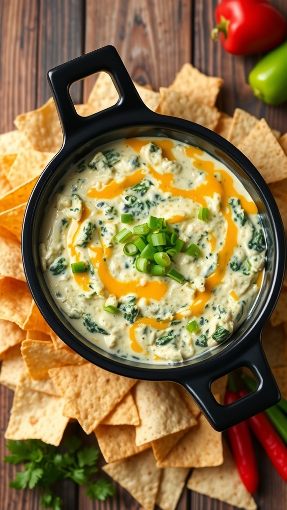 Creamy spinach and artichoke dip in a slow cooker with tortilla chips for dipping.